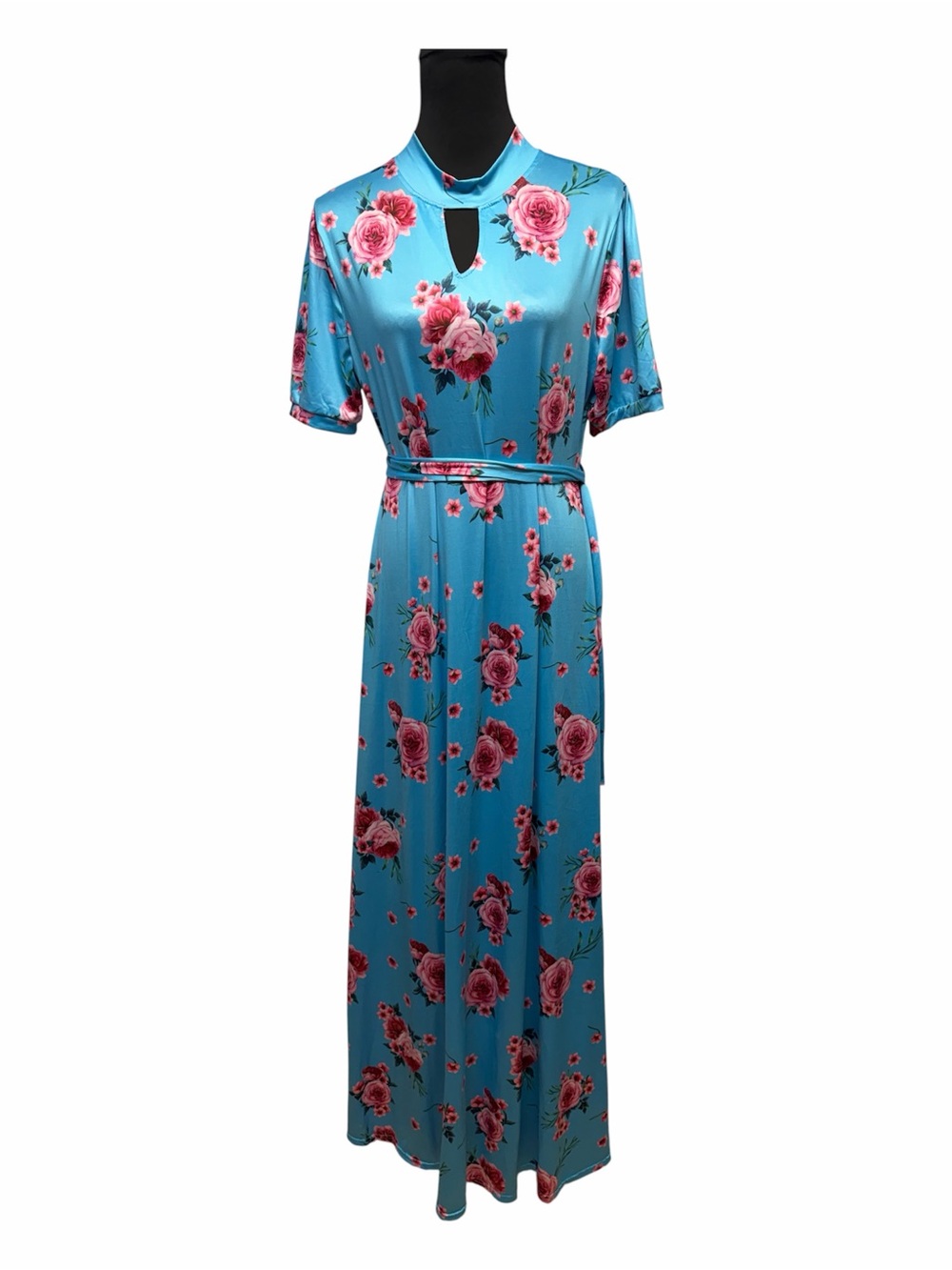 Boutique XXL Blue Pink Floral Keyhole Maxi Dress Short Sleeve Boho Spring